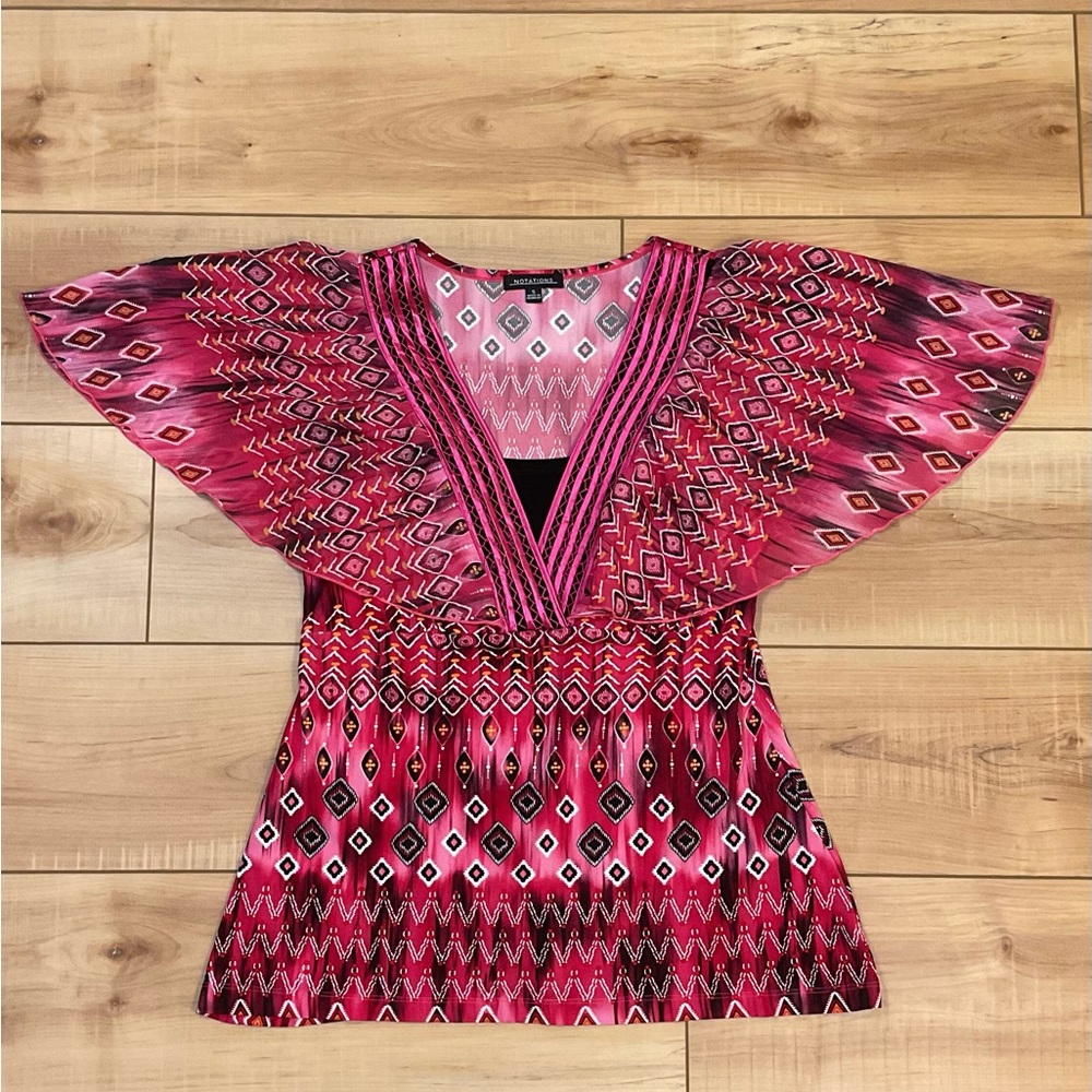 Notations Multicolor Geometric Print Flutter Sleeved Blouse Size Small - Picture 8 of 13